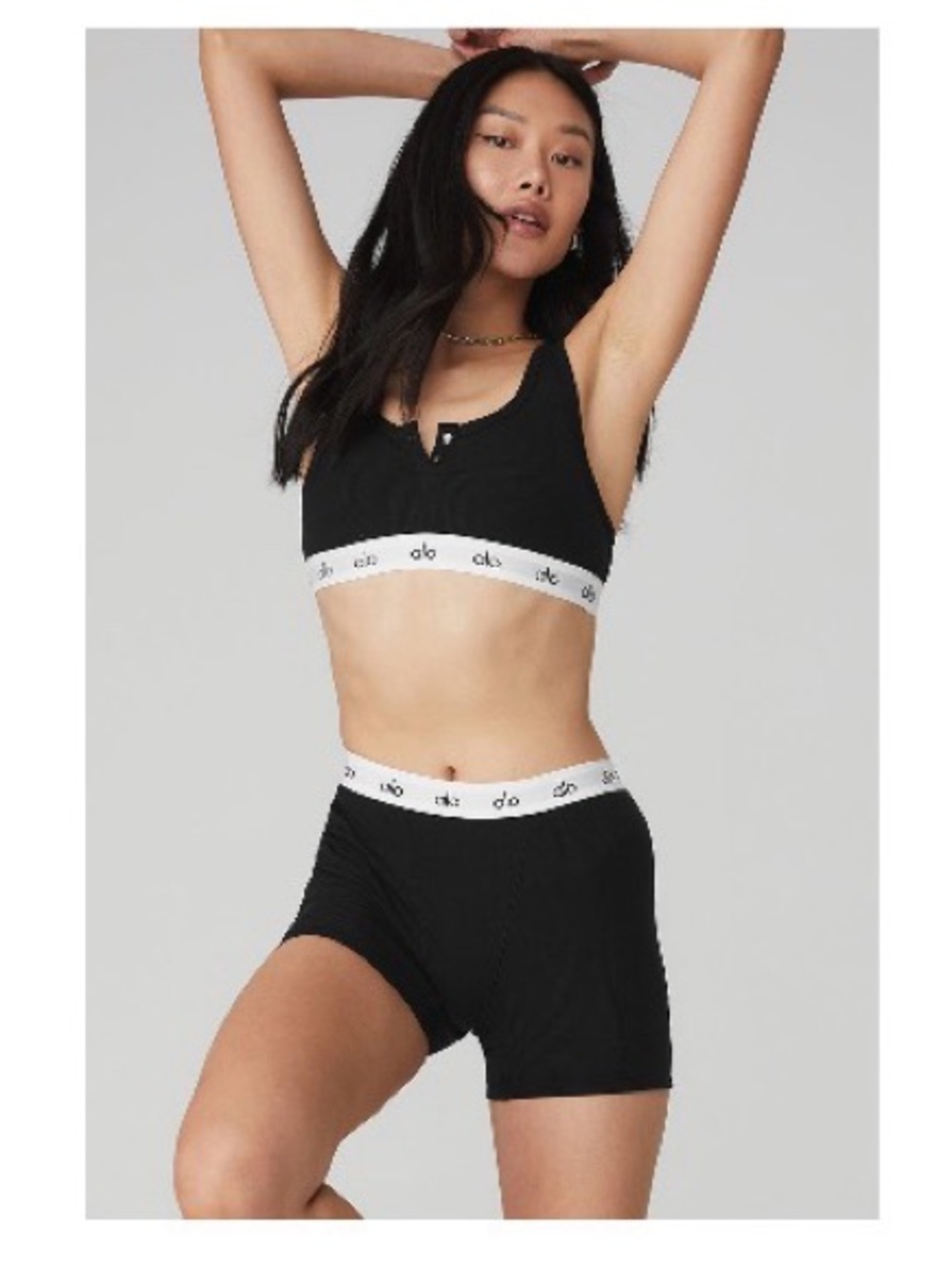 Alo Discontinued Icon Ribbed Henley Bra and Boyshort in Black, Size Small
